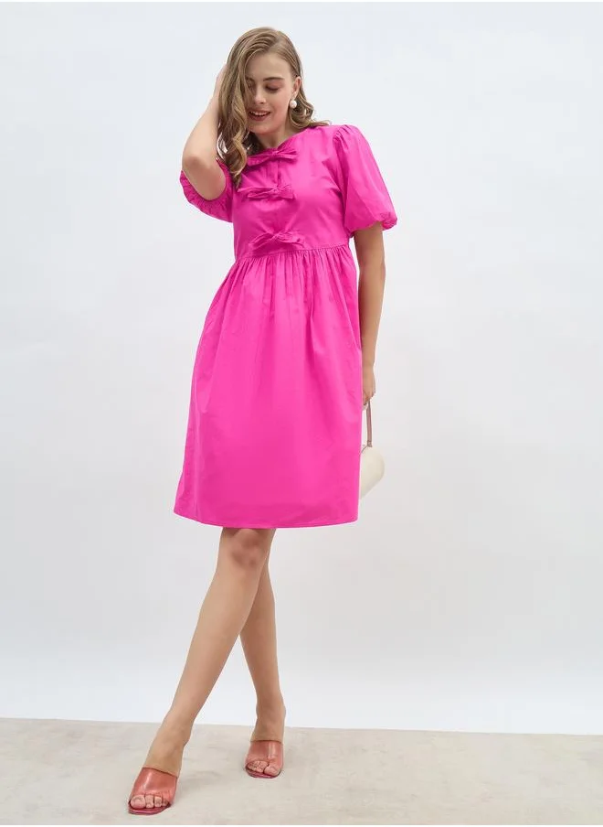 Styli Styli Puff Sleeve Tie-Up Bow Detail Knee Length Dress