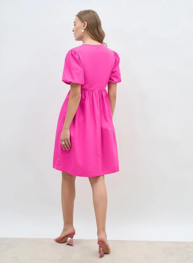 Styli Styli Puff Sleeve Tie-Up Bow Detail Knee Length Dress