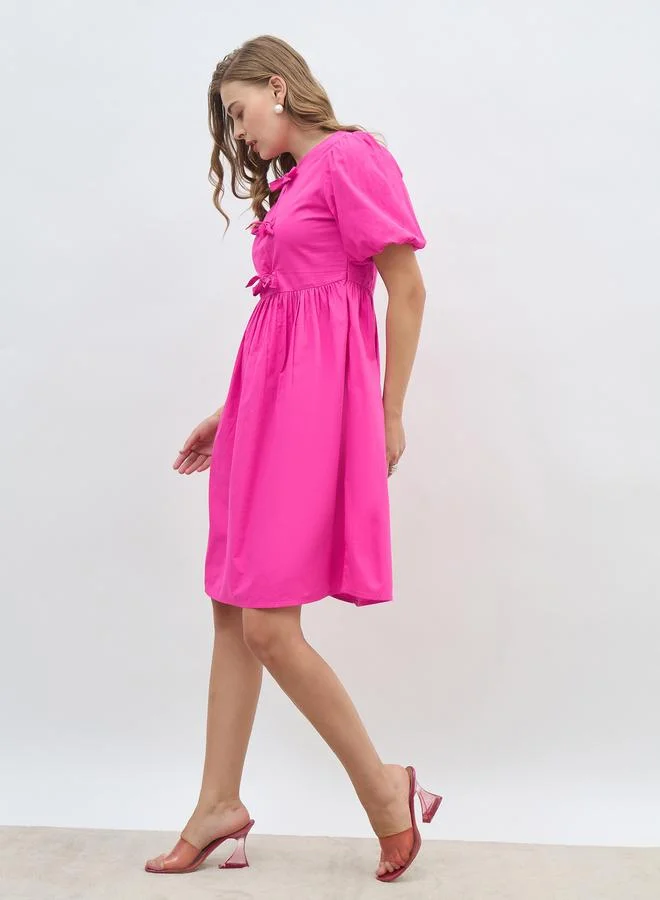 Styli Styli Puff Sleeve Tie-Up Bow Detail Knee Length Dress
