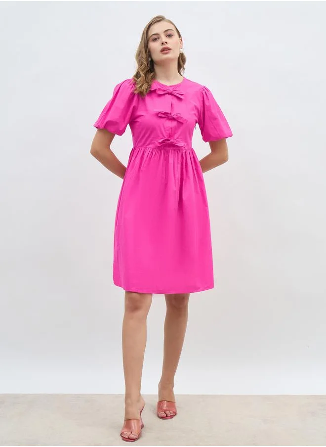 Styli Styli Puff Sleeve Tie-Up Bow Detail Knee Length Dress