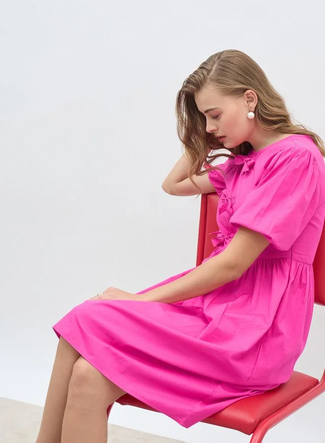 Styli Styli Puff Sleeve Tie-Up Bow Detail Knee Length Dress