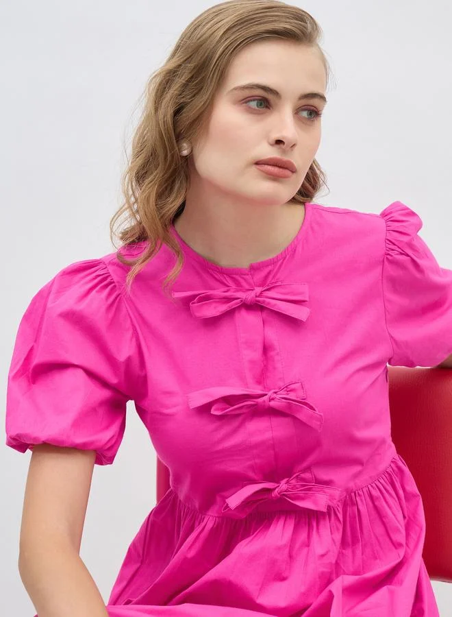 Styli Styli Puff Sleeve Tie-Up Bow Detail Knee Length Dress