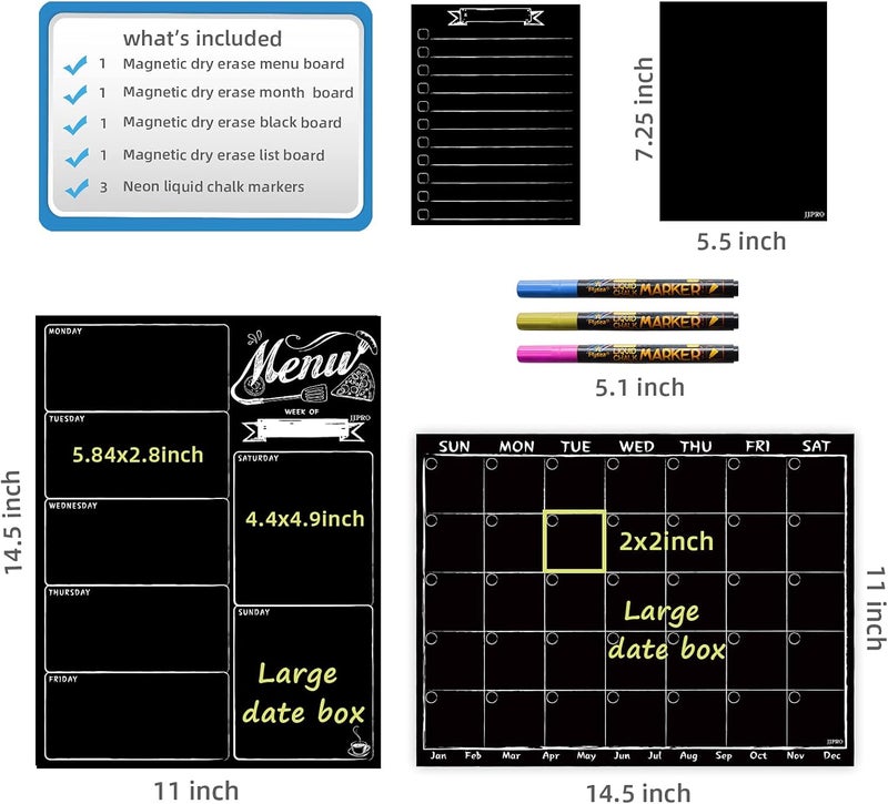 JJPRO Magnetic Chalkboard Monthly Calendar - Weekly Meal Planning Blackboard Combo Set with Neon Bright Liquid Chalk Markers - Bonus Grocery List and Notepad Blackboard for Refrigerator Included - Image 2