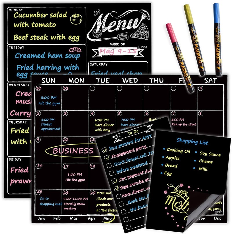 JJPRO Magnetic Chalkboard Monthly Calendar - Weekly Meal Planning Blackboard Combo Set with Neon Bright Liquid Chalk Markers - Bonus Grocery List and Notepad Blackboard for Refrigerator Included - Image 1