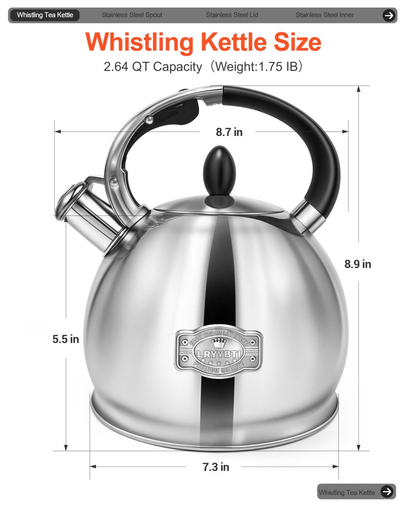 LRYYBTI Whistling Tea Kettle for Stovetop, (2.64 Quart-Mirror） Food Grade Stainless Steel Teapot of 5-layer base - Image 5