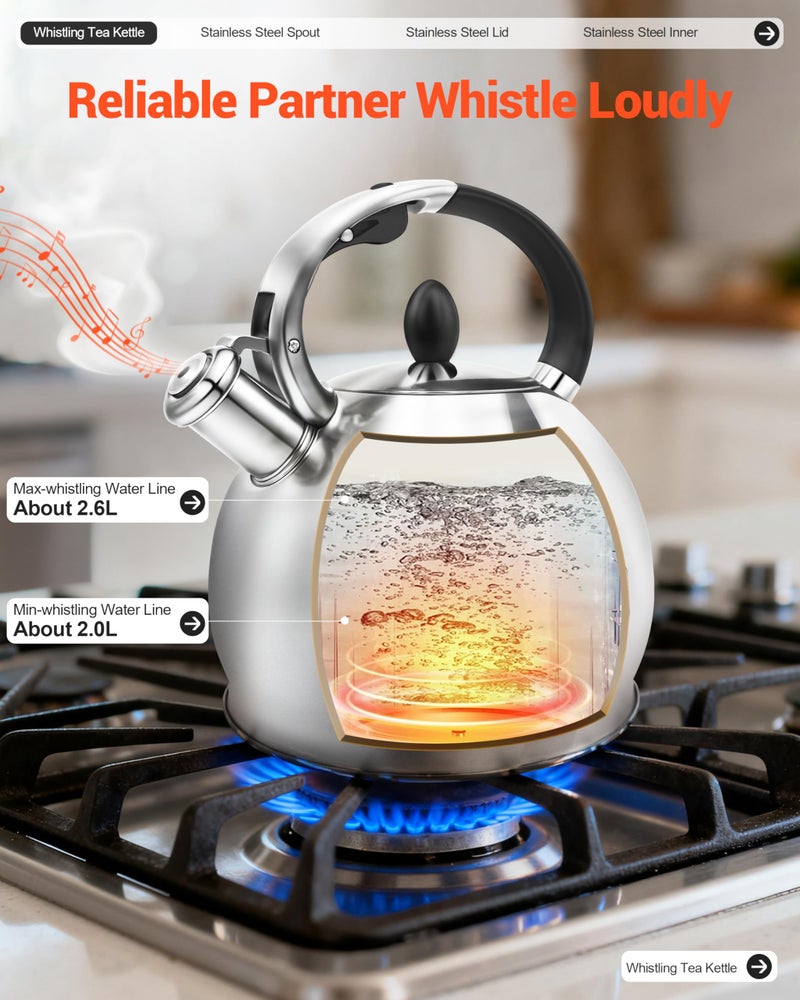 LRYYBTI Whistling Tea Kettle for Stovetop, (2.64 Quart-Mirror） Food Grade Stainless Steel Teapot of 5-layer base - Image 3