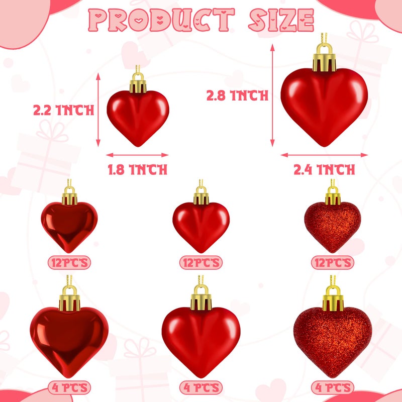 Melisheer 48PCS Heart Shaped Ornaments, Red Heart Shaped Ornaments, Valentines Heart Hanging Ornaments in 2 Sizes, Glossy Heart Baubles for Valentines Wedding Christmas Tree Party Decorations - Image 2
