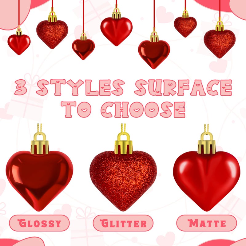 Melisheer 48PCS Heart Shaped Ornaments, Red Heart Shaped Ornaments, Valentines Heart Hanging Ornaments in 2 Sizes, Glossy Heart Baubles for Valentines Wedding Christmas Tree Party Decorations - Image 3