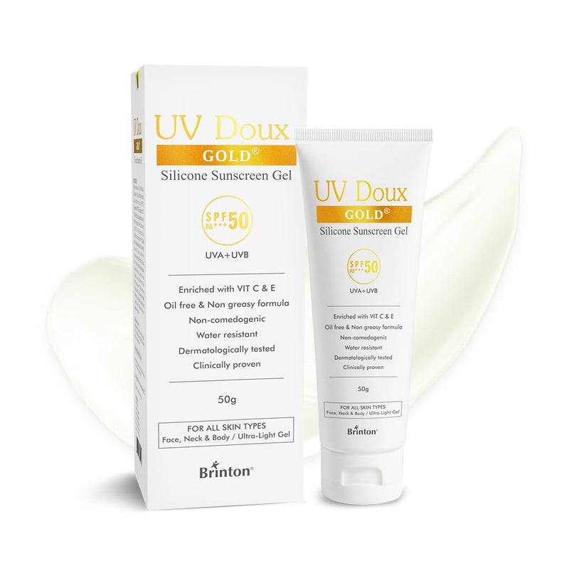Brinton Brinton UV Doux Gold Silicone Sunscreen Gel SPF 50 PA With Vitamin C E Clinically Tested Water Resistant Non Greasy UVAUVB Protection Against UVAUVB Rays For All Skin Types 100 gm Pack of 3 - Image 2