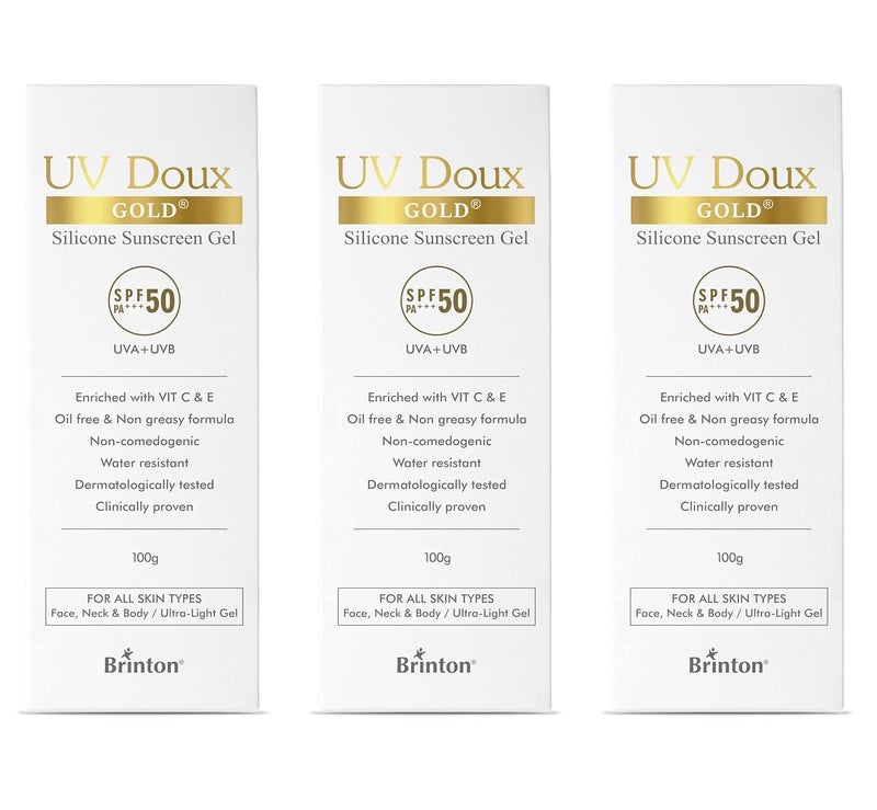 Brinton Brinton UV Doux Gold Silicone Sunscreen Gel SPF 50 PA With Vitamin C E Clinically Tested Water Resistant Non Greasy UVAUVB Protection Against UVAUVB Rays For All Skin Types 100 gm Pack of 3 - Image 1