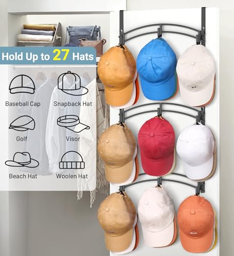 AOODA Space Saving Over the Door Hat Rack for Baseball Caps Holds up to 27 Caps Metal Hat Organizer with 9 Hooks Hanging Hat Holder Hanger for Closet Bedroom Black - Image 3