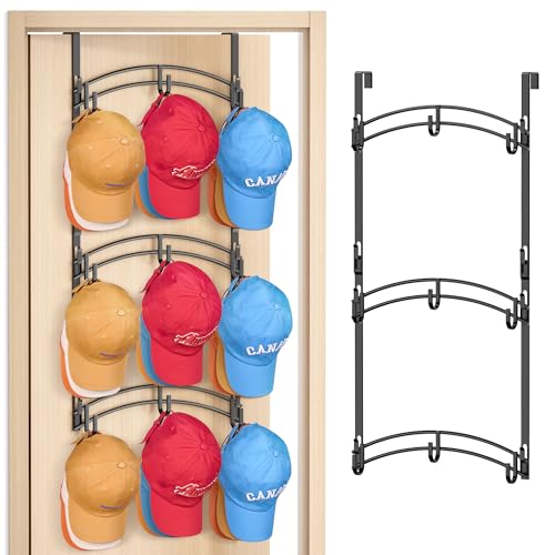 AOODA Space Saving Over the Door Hat Rack for Baseball Caps Holds up to 27 Caps Metal Hat Organizer with 9 Hooks Hanging Hat Holder Hanger for Closet Bedroom Black - Image 1