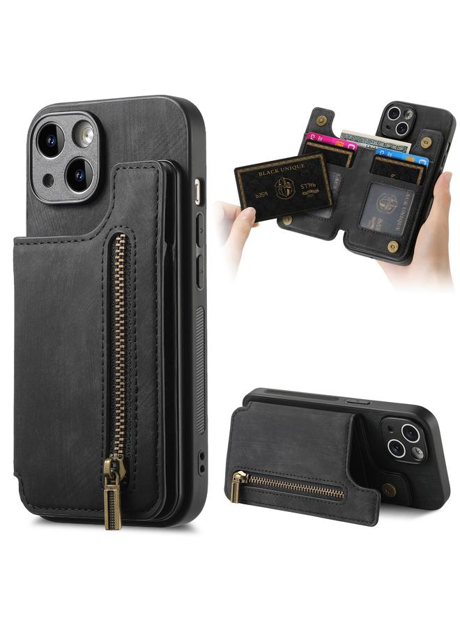 For iPhone 14 Plus Retro Leather Zipper Wallet Back Phone Case(Black)