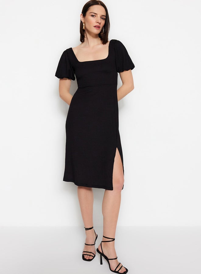trendyol Black Square Neck Balloon Sleeve A-Line Slit Detailed Wrap/Textured Midi Knitted Dress - Image 1