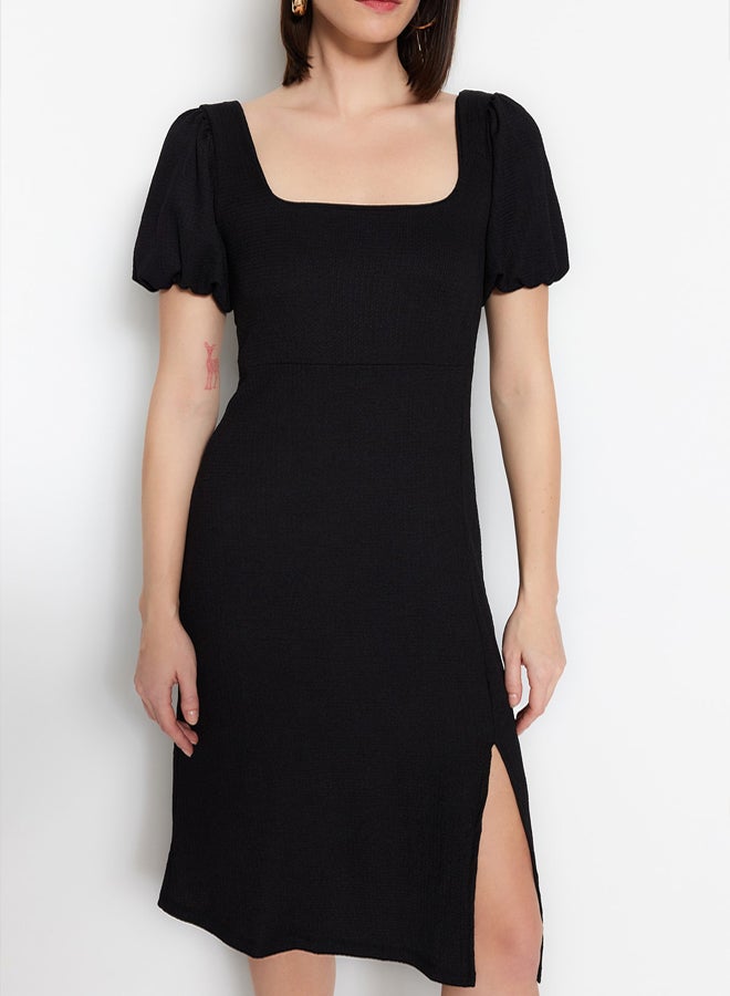 trendyol Black Square Neck Balloon Sleeve A-Line Slit Detailed Wrap/Textured Midi Knitted Dress - Image 3
