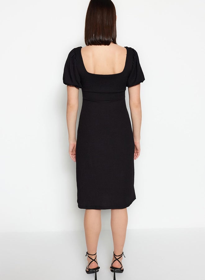 trendyol Black Square Neck Balloon Sleeve A-Line Slit Detailed Wrap/Textured Midi Knitted Dress - Image 5