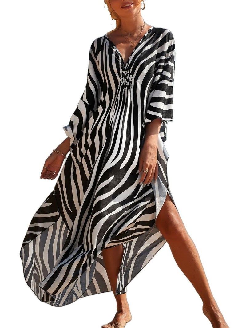 IMAGEKOPE Women's Plus Size Animal Print V-Neck Batwing Kaftan Beach Dress Bathing Suit Cover-Up Loungewear - Image 1