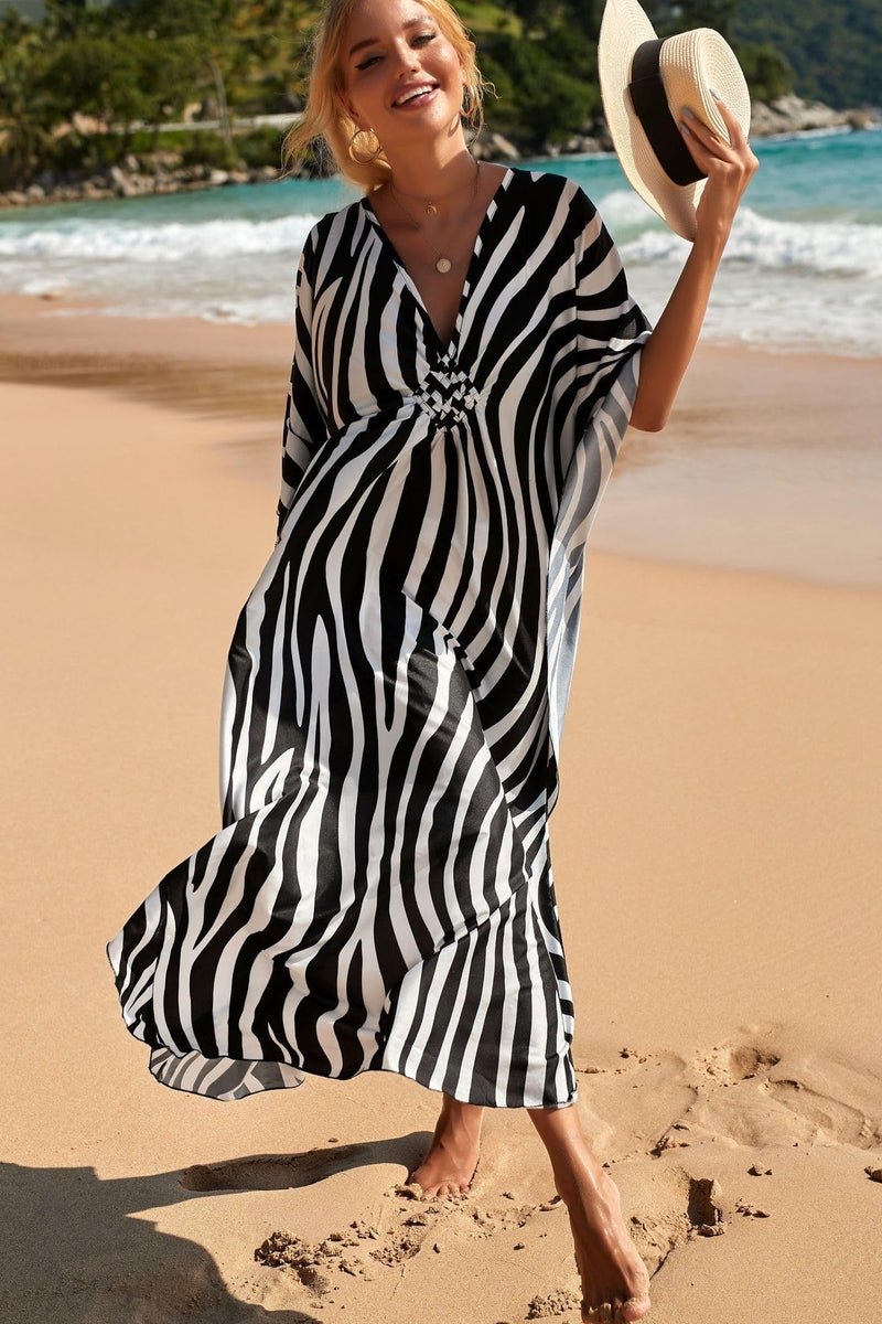 IMAGEKOPE Women's Plus Size Animal Print V-Neck Batwing Kaftan Beach Dress Bathing Suit Cover-Up Loungewear - Image 4