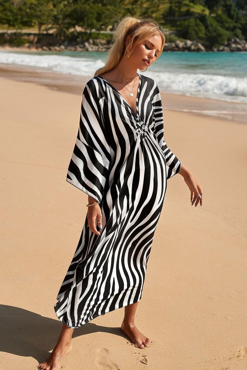 IMAGEKOPE Women's Plus Size Animal Print V-Neck Batwing Kaftan Beach Dress Bathing Suit Cover-Up Loungewear - Image 3