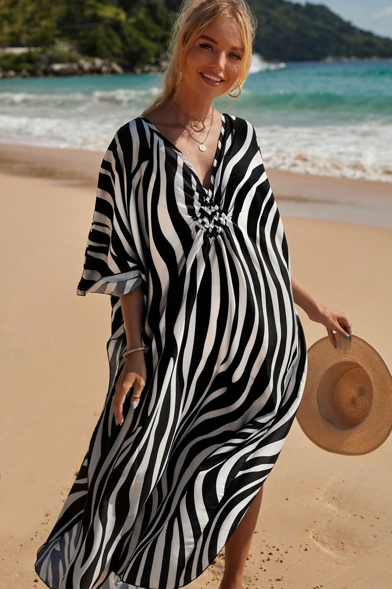 IMAGEKOPE Women's Plus Size Animal Print V-Neck Batwing Kaftan Beach Dress Bathing Suit Cover-Up Loungewear - Image 2