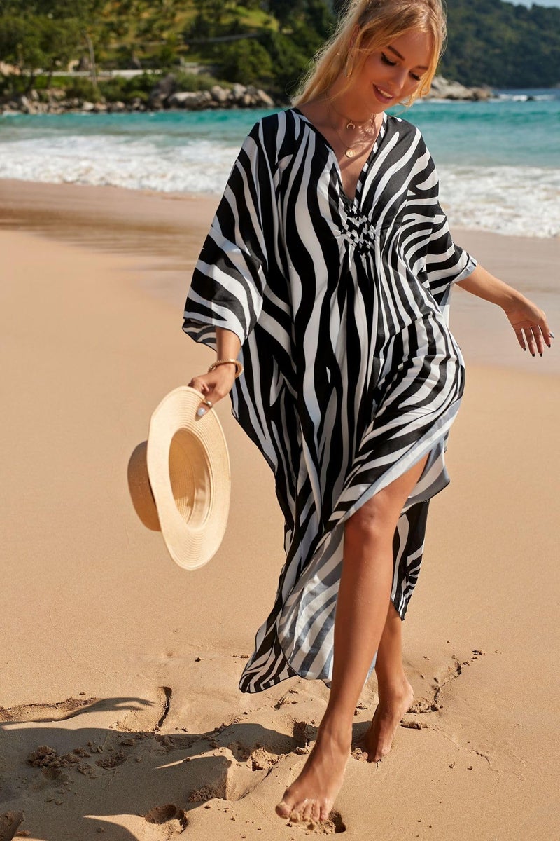IMAGEKOPE Women's Plus Size Animal Print V-Neck Batwing Kaftan Beach Dress Bathing Suit Cover-Up Loungewear - Image 5