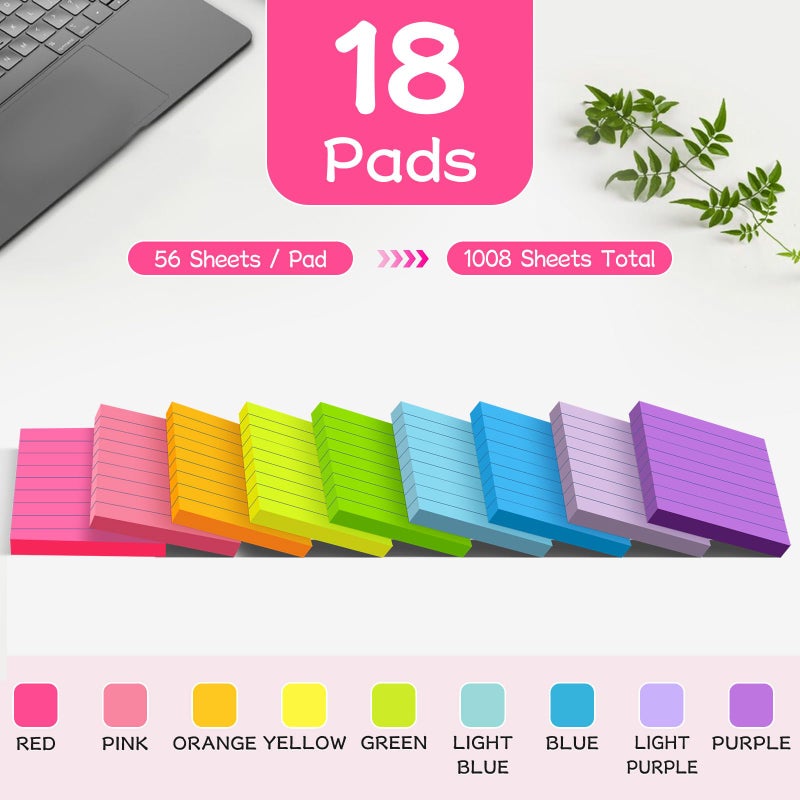 YEECOK (18 Pads) Lined Sticky Notes 3x3 in Bright Ruled Post Stickies Colorful Super Sticking Power Memo Pads - Image 2