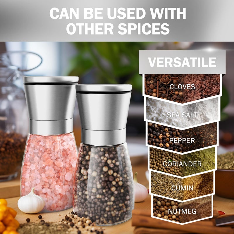 Home EC Original Stainless Steel Sea Salt and Pepper Grinder Set of 2 - Adjustable Ceramic - Glass Salt and Pepper Shakers - Kitchen Pepper Mill & Salt Mill W/Funnel & EBook - Image 4