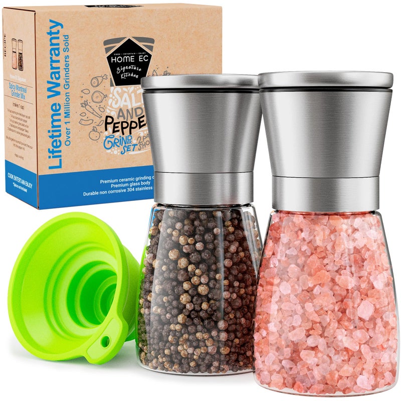 Home EC Original Stainless Steel Sea Salt and Pepper Grinder Set of 2 - Adjustable Ceramic - Glass Salt and Pepper Shakers - Kitchen Pepper Mill & Salt Mill W/Funnel & EBook - Image 1