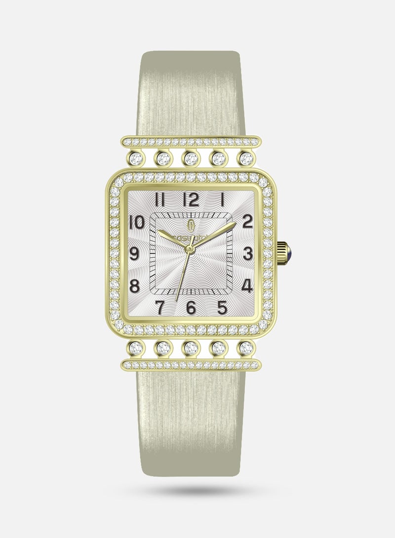 Women's Beige Leather Watch with Gold Crystals