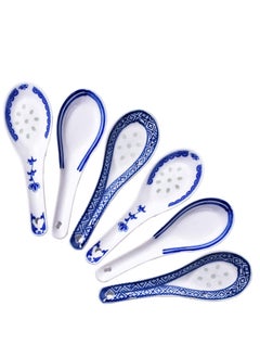 Soup Spoon, Ceramic Chinese Spoon Set 6 Piece Blue and White Porcelain Soup Spoon Reusable Dining Spoon Ramen Soup Spoon Wonton Dumpling Miso Soup Spoon, Home Kitchen Dining Spoon