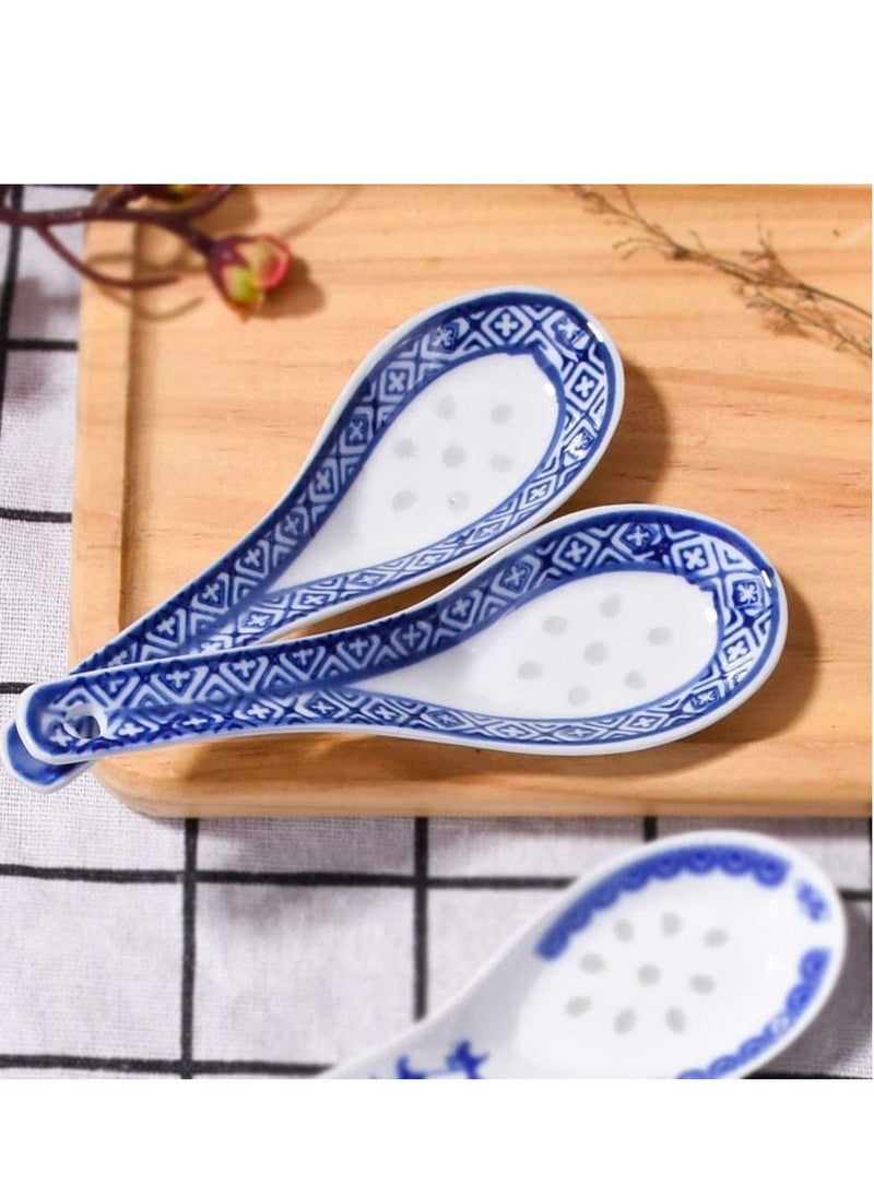 KASTWAVE - Soup Spoon, Ceramic Chinese Spoon Set 6 Piece Blue and White Porcelain Soup Spoon Reusable Dining Spoon Ramen Soup Spoon Wonton Dumpling Miso Soup Spoon, Home Kitchen Dining Spoon - Image 1