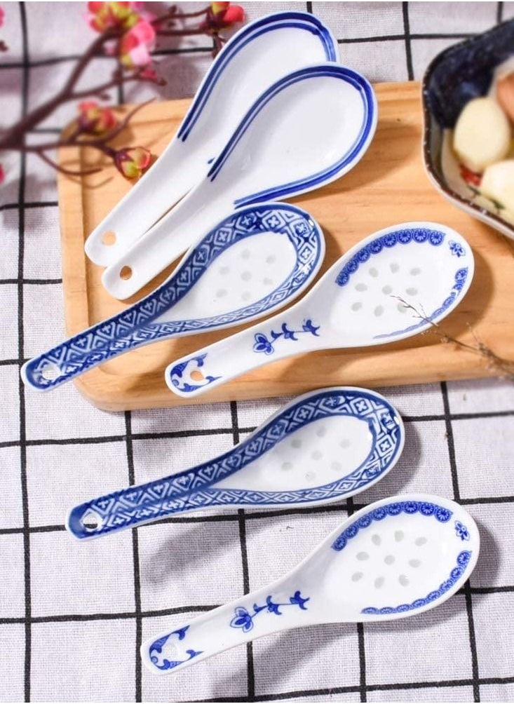 KASTWAVE - Soup Spoon, Ceramic Chinese Spoon Set 6 Piece Blue and White Porcelain Soup Spoon Reusable Dining Spoon Ramen Soup Spoon Wonton Dumpling Miso Soup Spoon, Home Kitchen Dining Spoon - Image 1