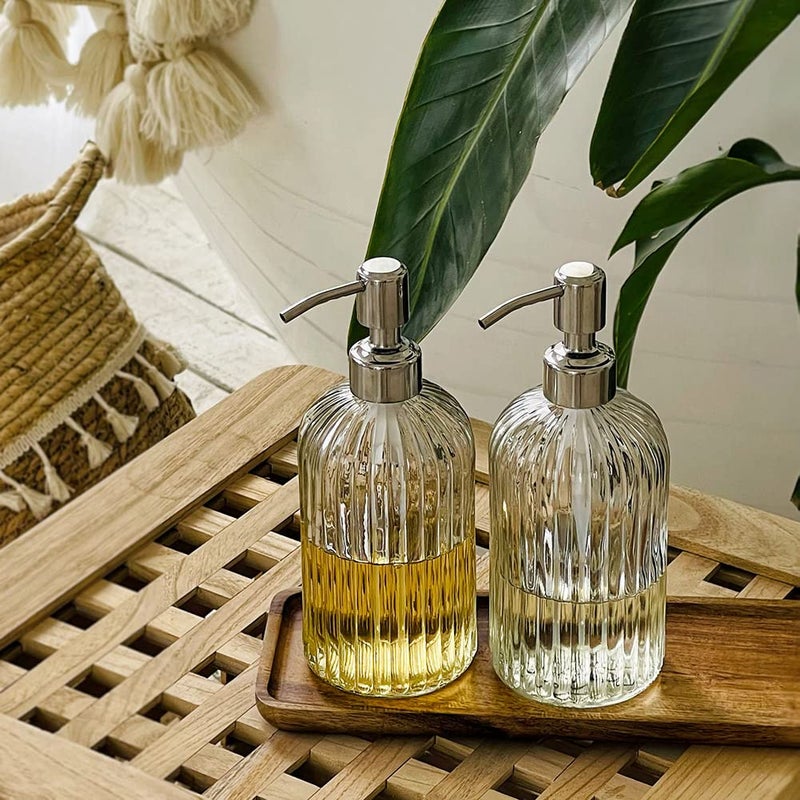 JASAI 2PACK 18 Oz Glass Soap Dispenser with Rust Proof Stainless Steel Pump, Refillable Hand Soap Dispenser with Vertical Stripe, Premium Bathroom soap Dispenser for Kitchen & Bathroom - Image 4