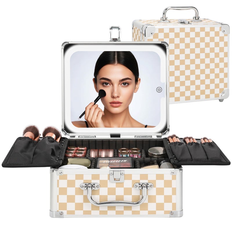 Relavel Makeup Bag with LED Mirror, Makeup Box Travel Train Case with Lighted Mirror & Adjustable Dividers, Cosmetic Brush Organizer Storage for Makeup Artists Gifts for Women and Girls (Plaid, Small) - Image 1