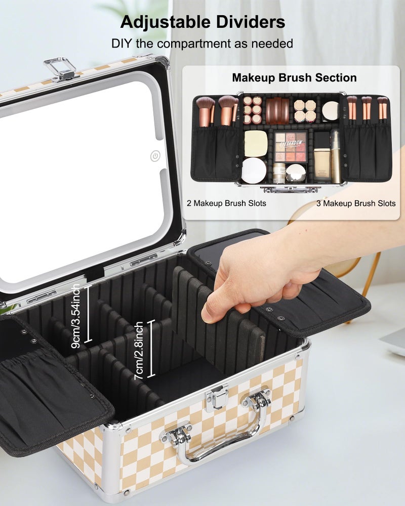 Relavel Makeup Bag with LED Mirror, Makeup Box Travel Train Case with Lighted Mirror & Adjustable Dividers, Cosmetic Brush Organizer Storage for Makeup Artists Gifts for Women and Girls (Plaid, Small) - Image 2