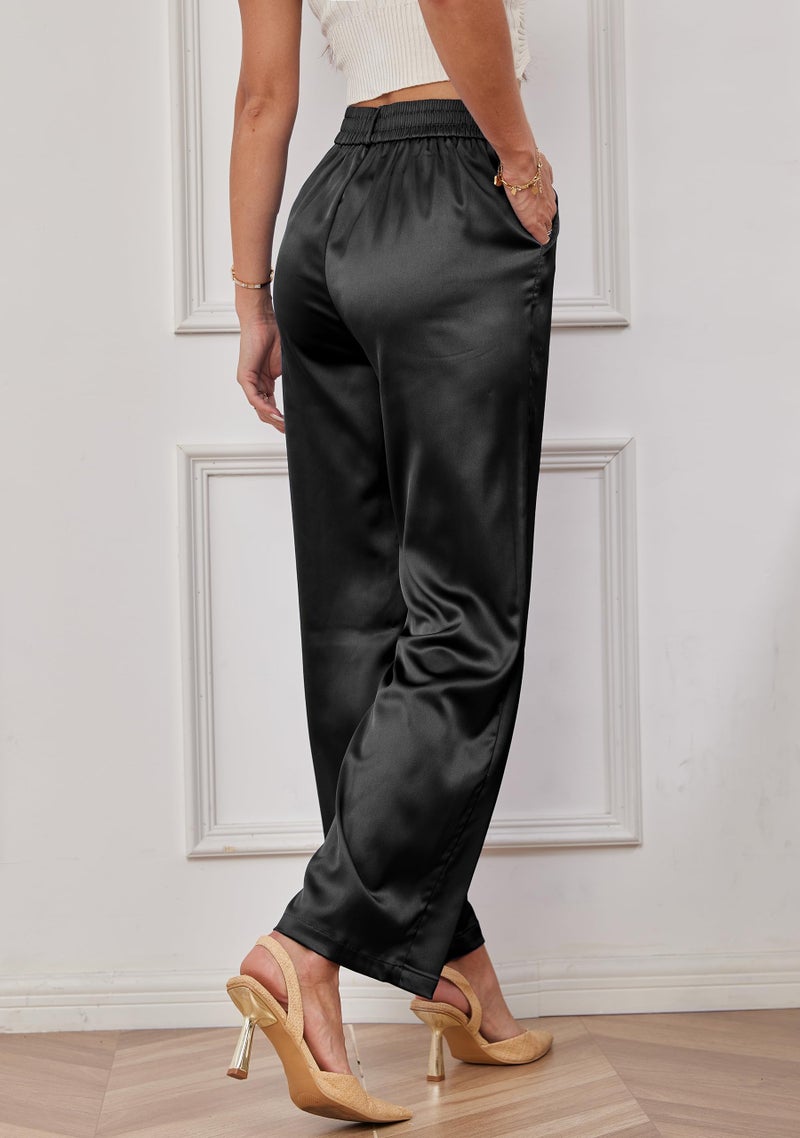 heipeiwa Women's Wide Leg Wedding Party Satin Casual Dress Nightout Pants Long Trouser Black - Image 3