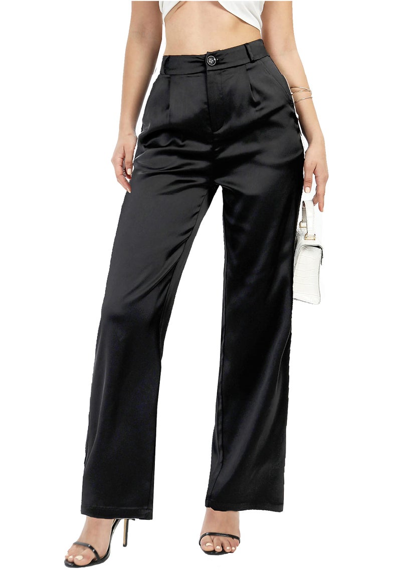 heipeiwa Women's Wide Leg Wedding Party Satin Casual Dress Nightout Pants Long Trouser Black - Image 1