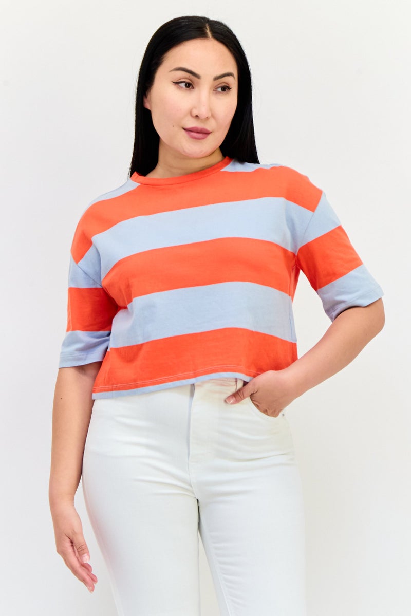 ONLY Women Round Neck Short Sleeve Yarn Dye T Shirt, Multicolor  - Image 1