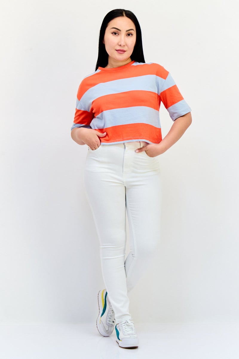 ONLY Women Round Neck Short Sleeve Yarn Dye T Shirt, Multicolor  - Image 4