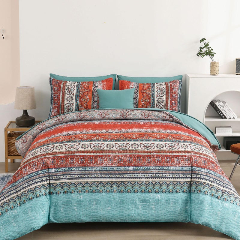 Cottolester Boho King Size Comforter Set 8 PiecesTerracotta Comforter Bohemian Striped Bed in A Bag Soft Microfiber Bedding Set for All Seasons