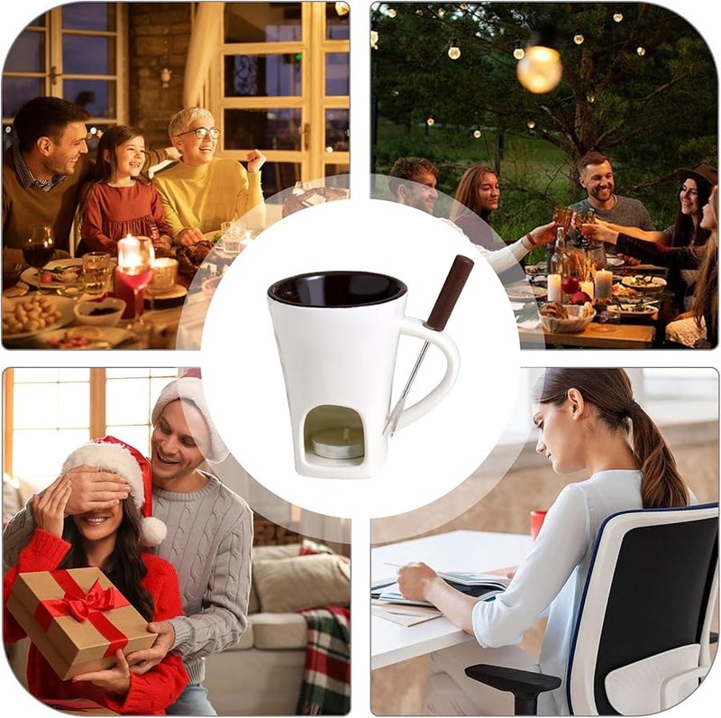 White Ceramic Chocolate Fondue Cup With Fork Heat Resistant Candle Dessert Mug - Image 5