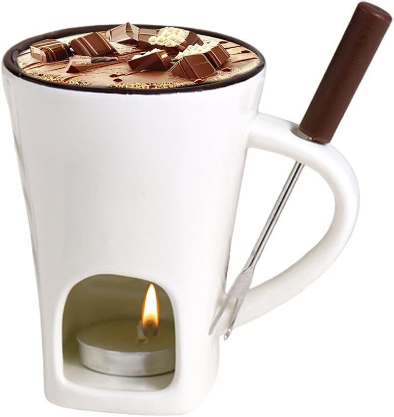 White Ceramic Chocolate Fondue Cup With Fork Heat Resistant Candle Dessert Mug - Image 2
