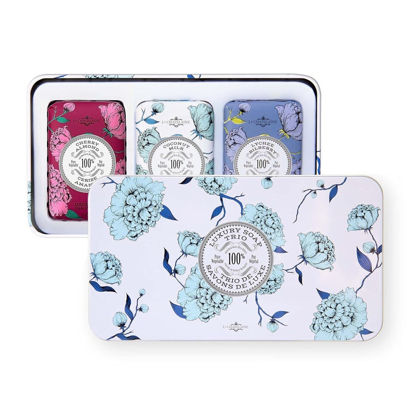 La Chatelaine Luxury Bar Soap Trio Gift Set Tin  Winter White  Made in France  Natural and Organic Soap Bars  Shea Butter Formula  3 x 7 oz  200g Cherry Almond Coconut Milk Lychee Bilberry