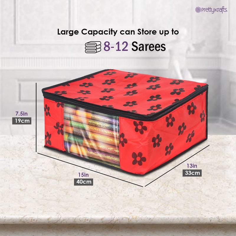 PrettyKrafts PrettyKrafts Pack of 3 Non Woven Large Flower Prints Saree CoverWardrobe Organizer With Transparent Window And ZipClothes Storage Bag For Womens Lehenga Suit Saree Other Accessories Red  - Image 3
