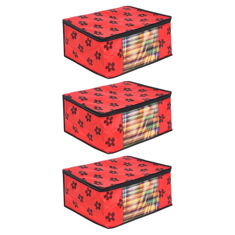 PrettyKrafts PrettyKrafts Pack of 3 Non Woven Large Flower Prints Saree CoverWardrobe Organizer With Transparent Window And ZipClothes Storage Bag For Womens Lehenga Suit Saree Other Accessories Red  - Image 1