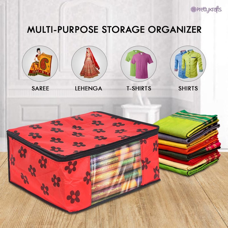 PrettyKrafts PrettyKrafts Pack of 3 Non Woven Large Flower Prints Saree CoverWardrobe Organizer With Transparent Window And ZipClothes Storage Bag For Womens Lehenga Suit Saree Other Accessories Red  - Image 2