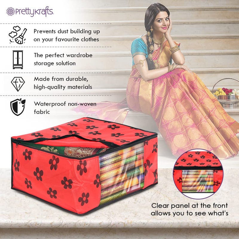 PrettyKrafts PrettyKrafts Pack of 3 Non Woven Large Flower Prints Saree CoverWardrobe Organizer With Transparent Window And ZipClothes Storage Bag For Womens Lehenga Suit Saree Other Accessories Red  - Image 4