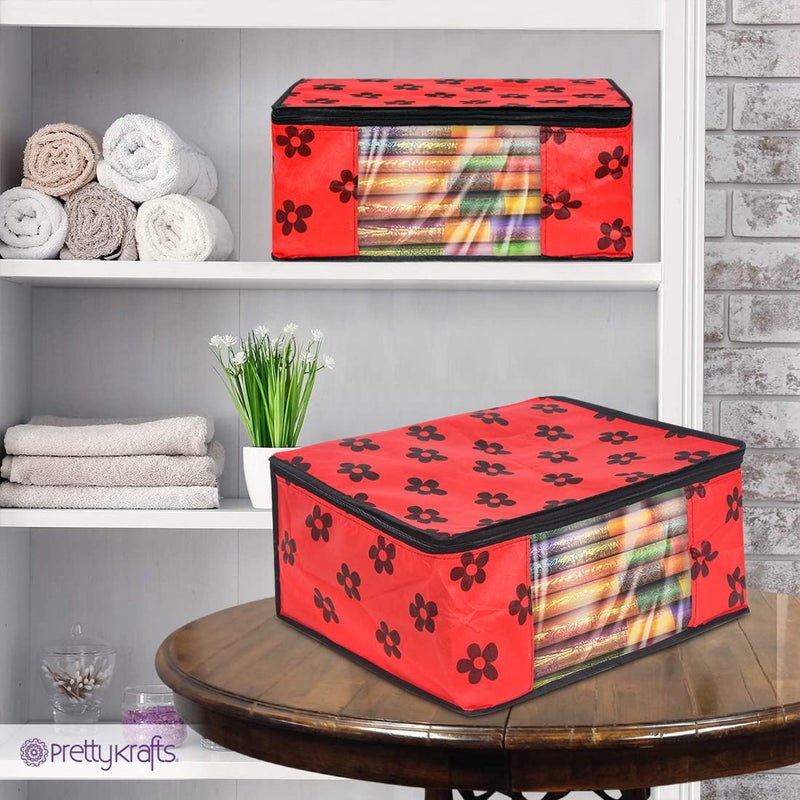 PrettyKrafts PrettyKrafts Pack of 3 Non Woven Large Flower Prints Saree CoverWardrobe Organizer With Transparent Window And ZipClothes Storage Bag For Womens Lehenga Suit Saree Other Accessories Red  - Image 5