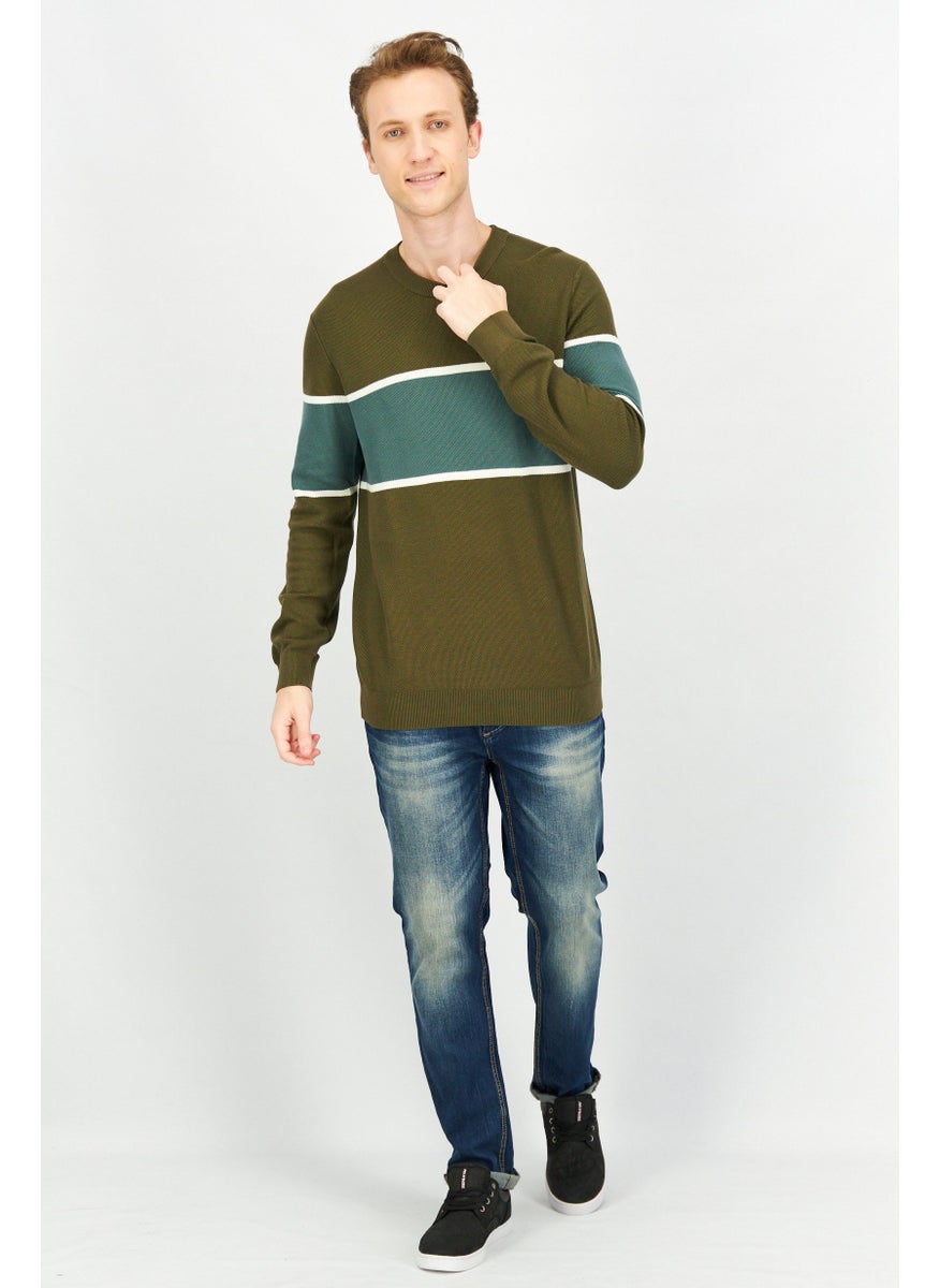Celio - Men Crew Neck Long Sleeve Colorblock Sweatshirts, Dark Khaki Combo - Image 1