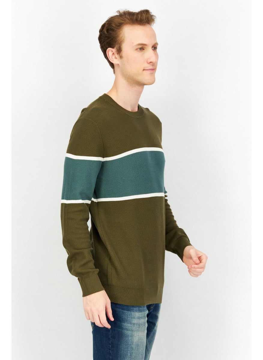 Celio - Men Crew Neck Long Sleeve Colorblock Sweatshirts, Dark Khaki Combo - Image 1
